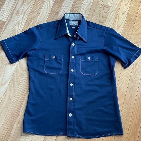 Arrow Other - Arrow Doubler Short Sleeve Men's Button Up Shirt Navy Blue Dagger Collar sz 15.5